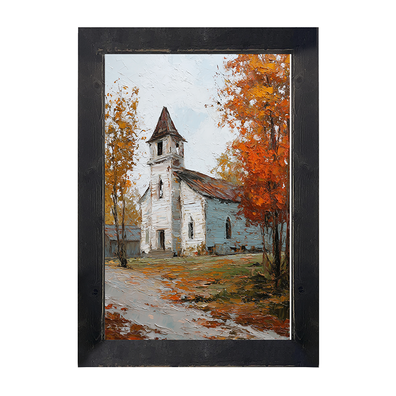 Autumn Country Church - Trees along the Path - Framed Art