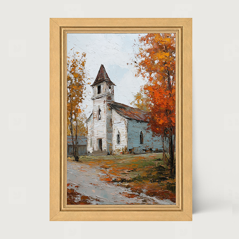 Autumn Country Church - Trees along the Path - Framed Art
