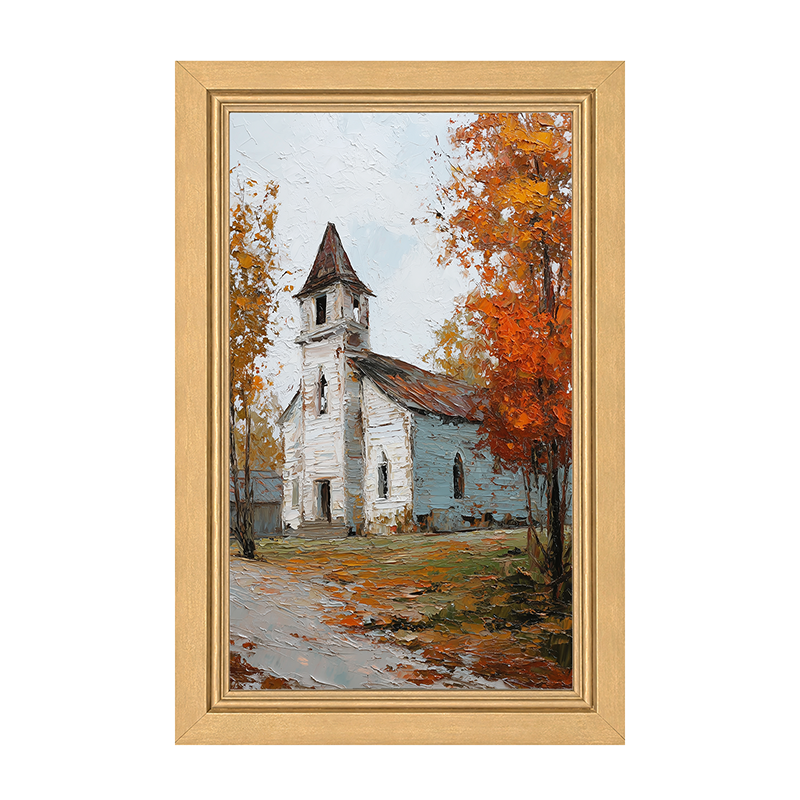 Autumn Country Church - Trees along the Path - Framed Art