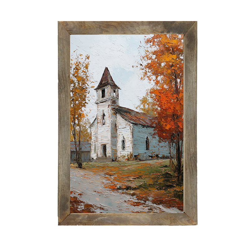 Autumn Country Church - Trees along the Path - Framed Art
