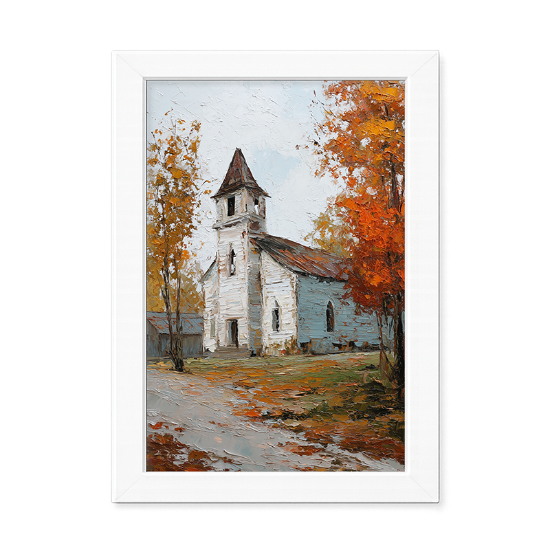 Autumn Country Church - Trees along the Path - Framed Art
