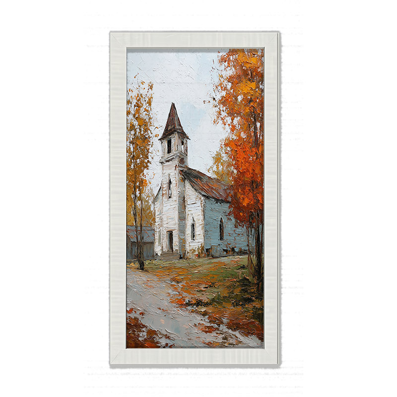 Autumn Country Church - Trees along the Path - Framed Art