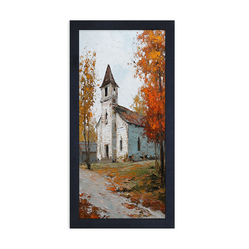 Autumn Country Church - Trees along the Path - Framed Art