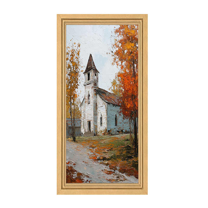Autumn Country Church - Trees along the Path - Framed Art