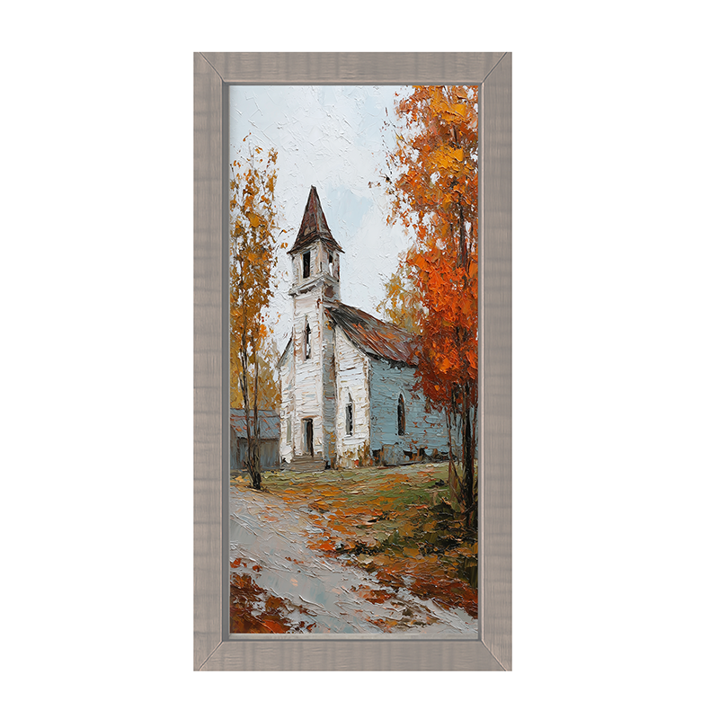 Autumn Country Church - Trees along the Path - Framed Art