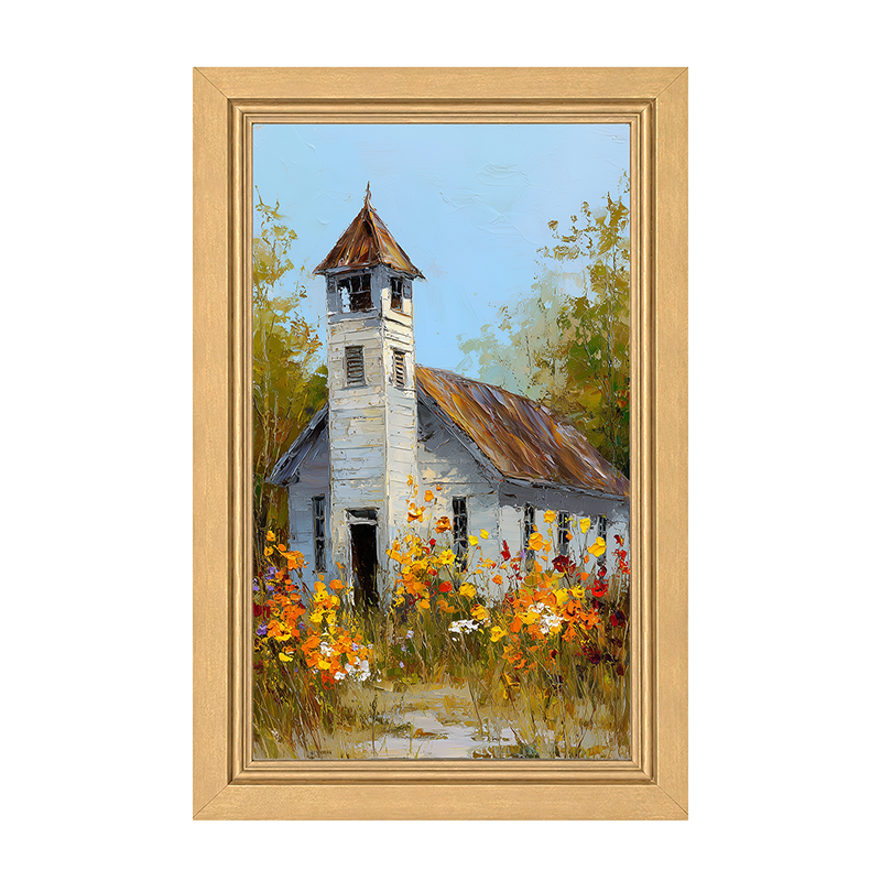 Autumn Country Church - Wildflowers - Framed Art