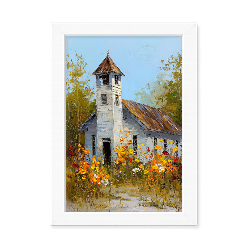 Autumn Country Church - Wildflowers - Framed Art