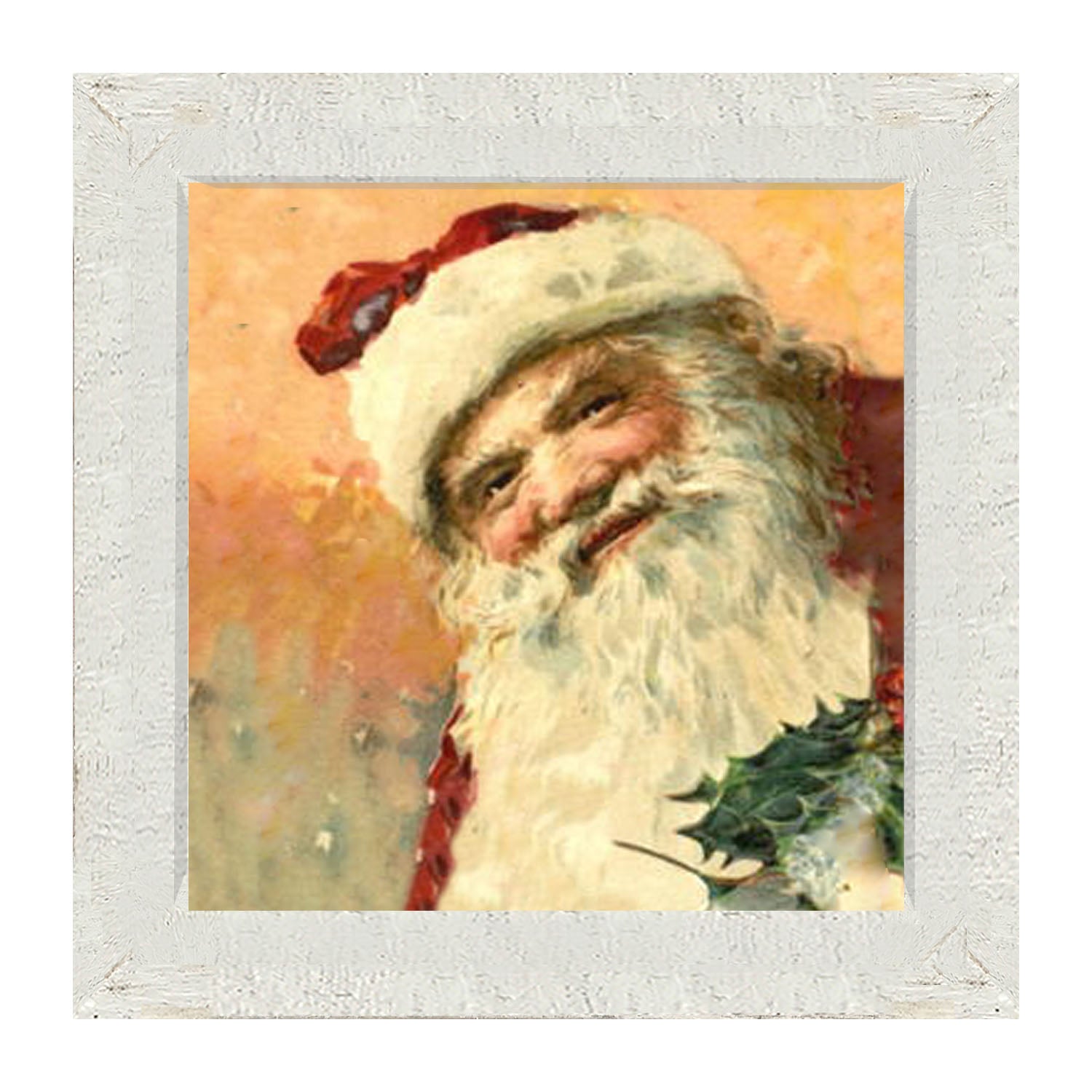 Gold Background Santa with Holly - Framed art