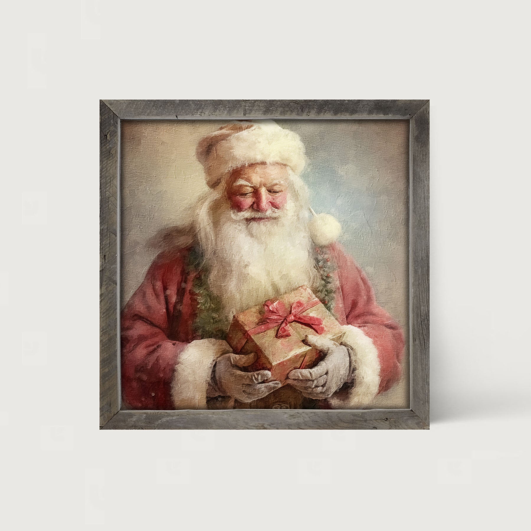 Old world Santa holding present - Framed art