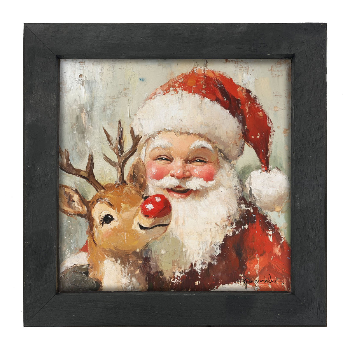 Santa Smiling with Reindeer - Framed Art