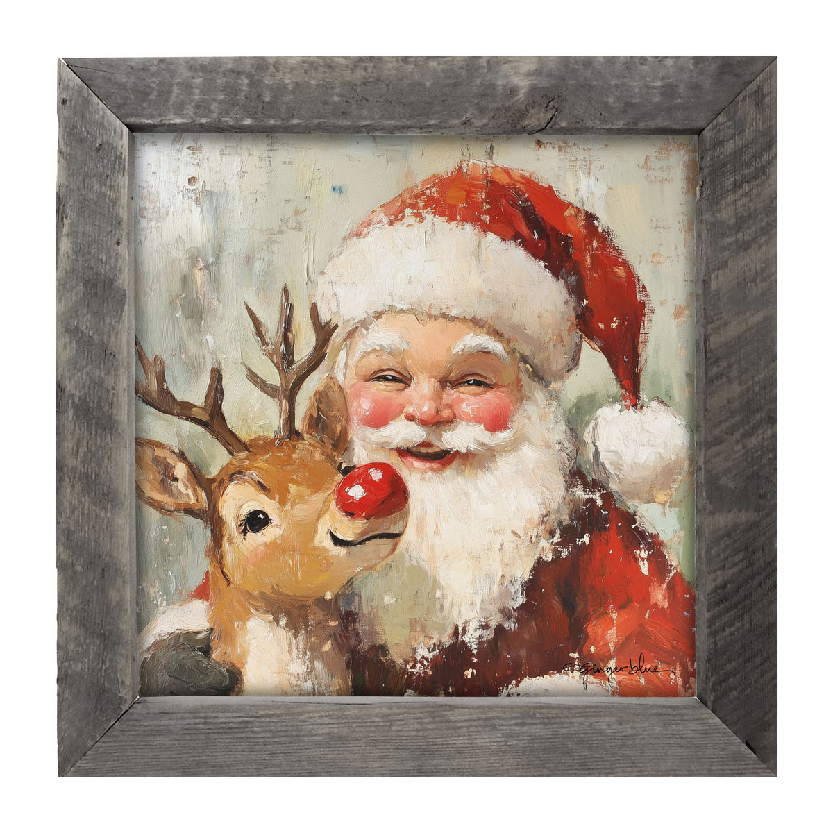 Santa Smiling with Reindeer - Framed Art