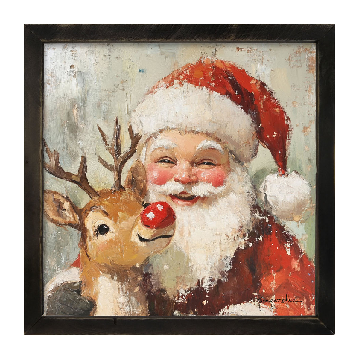 Santa Smiling with Reindeer - Framed Art