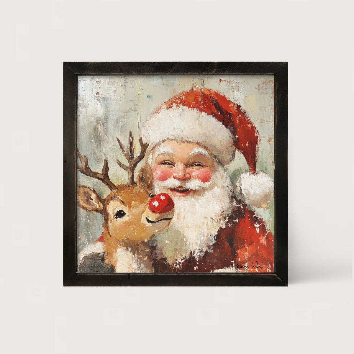 Santa Smiling with Reindeer - Framed Art