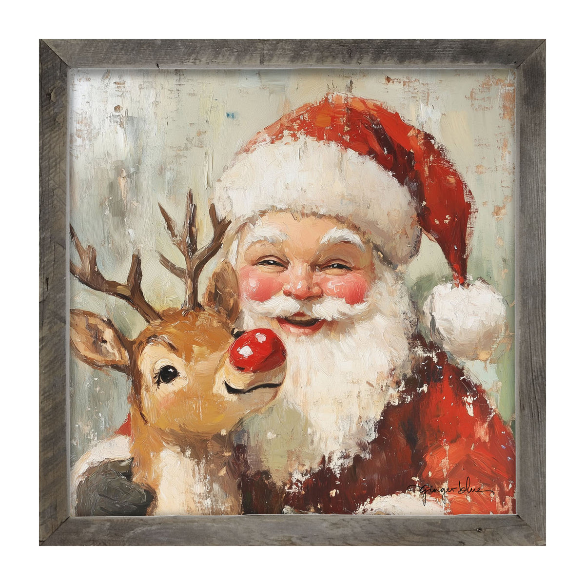Santa Smiling with Reindeer - Framed Art