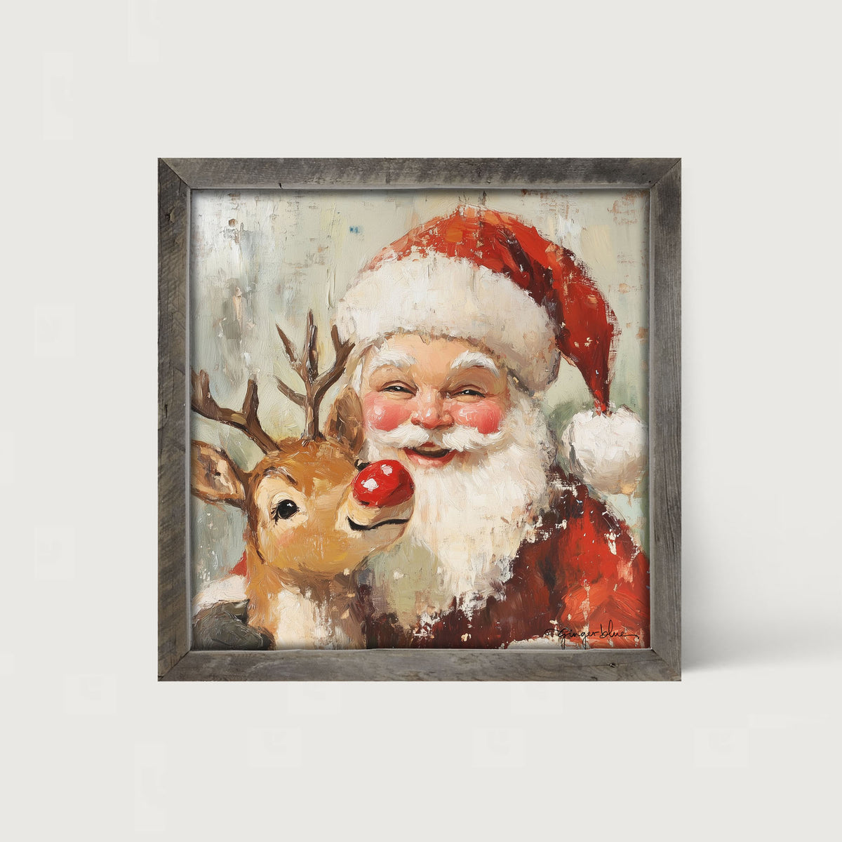 Santa Smiling with Reindeer - Framed Art
