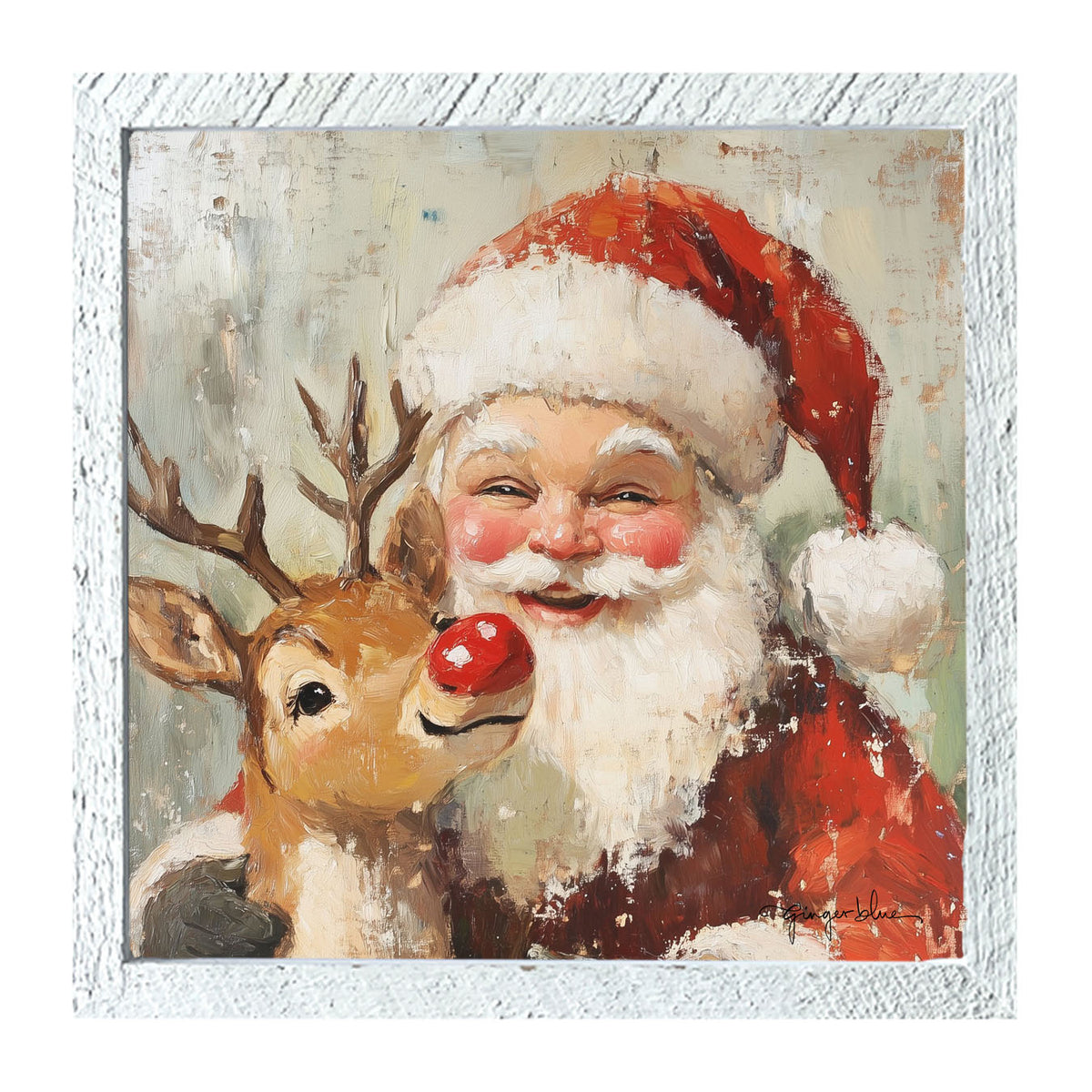 Santa Smiling with Reindeer - Framed Art