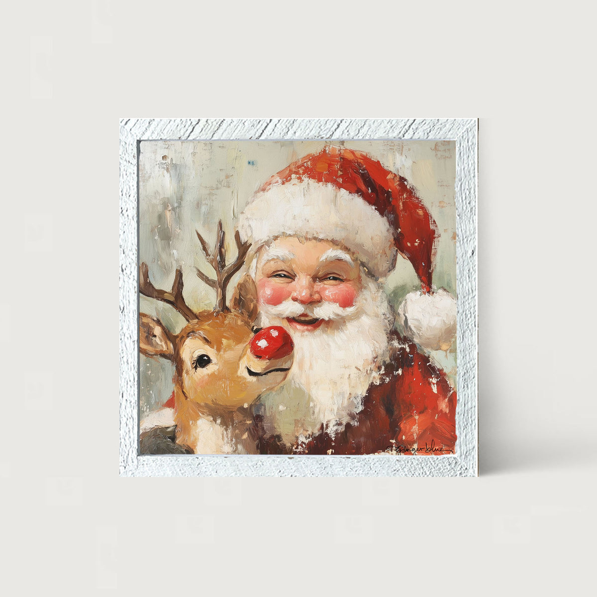 Santa Smiling with Reindeer - Framed Art