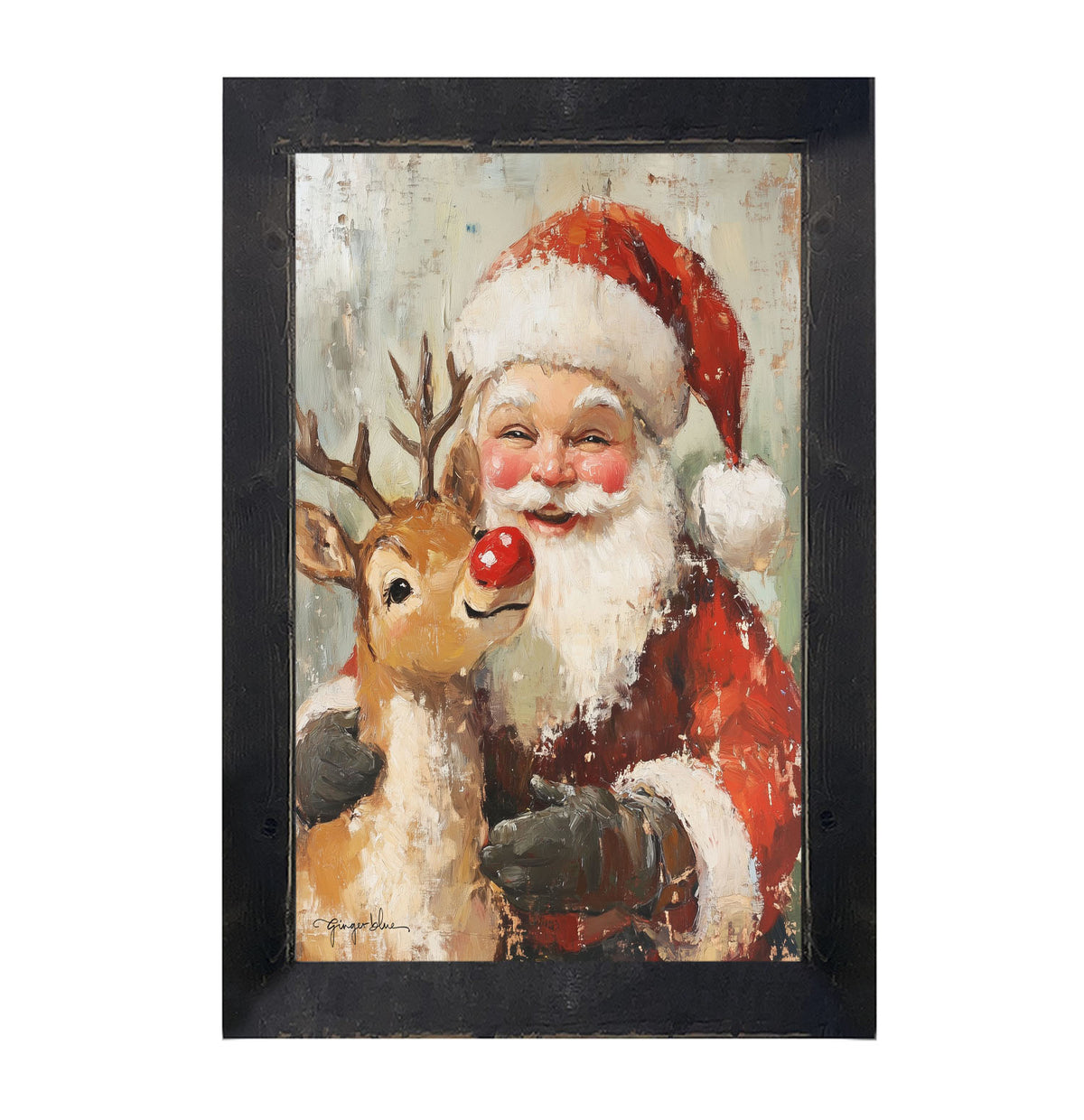 Santa Smiling with Reindeer - Framed Art
