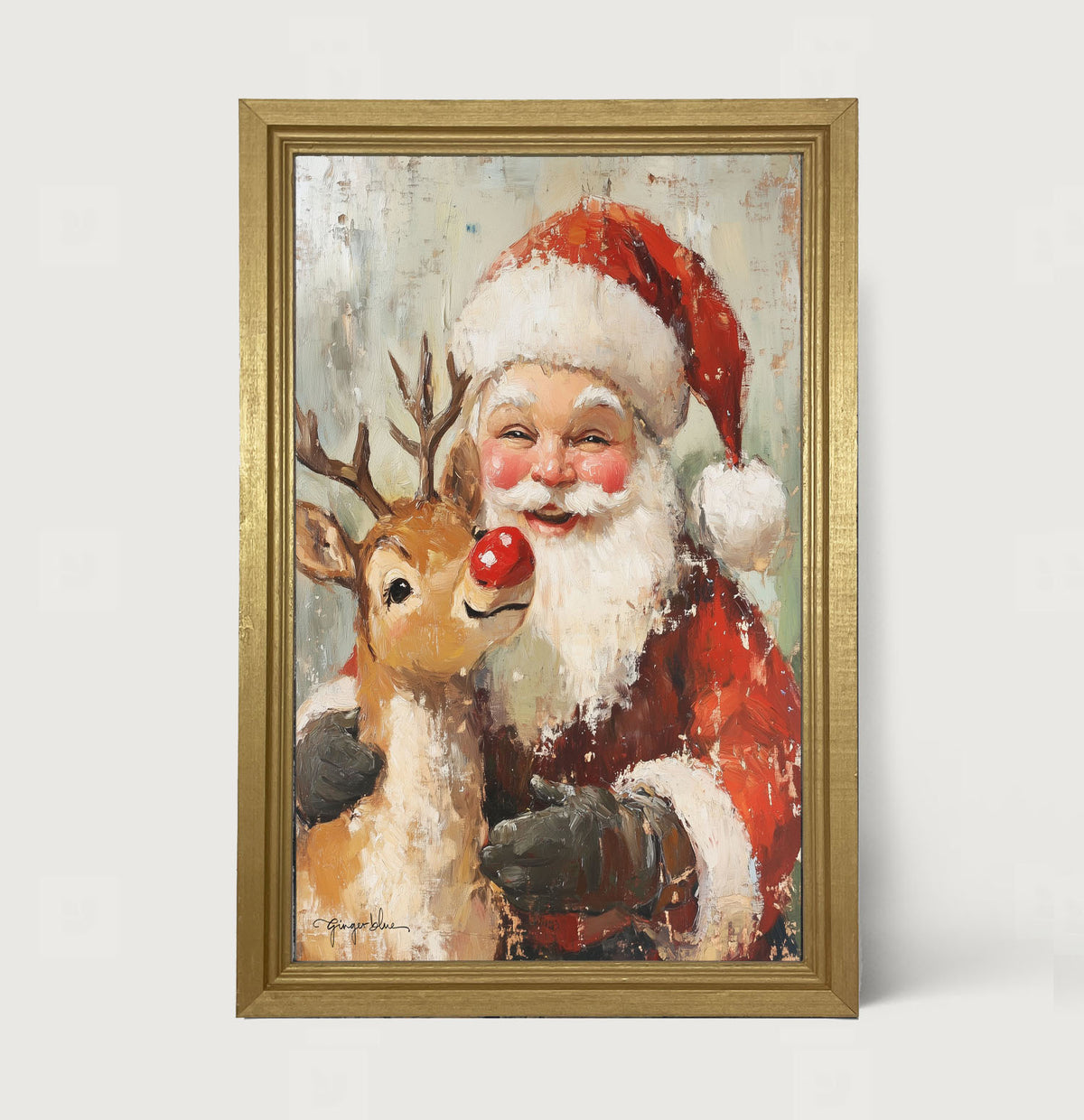 Santa Smiling with Reindeer - Framed Art