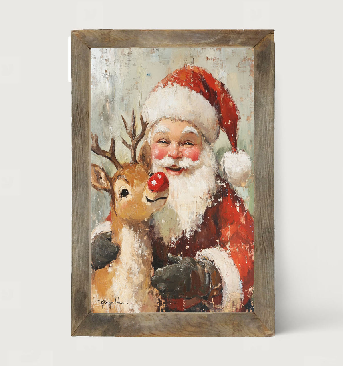 Santa Smiling with Reindeer - Framed Art