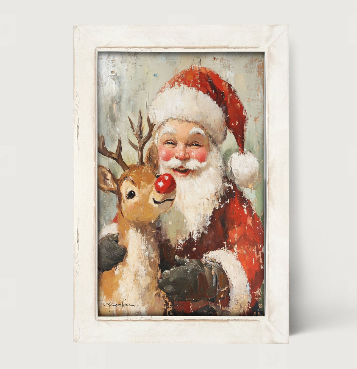 Santa Smiling with Reindeer - Framed Art