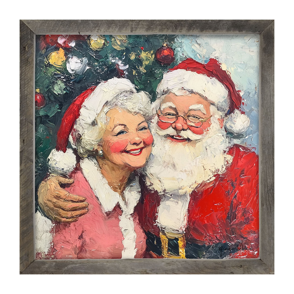 Santa and Mrs. Claus Smiling near Tree - Framed Art