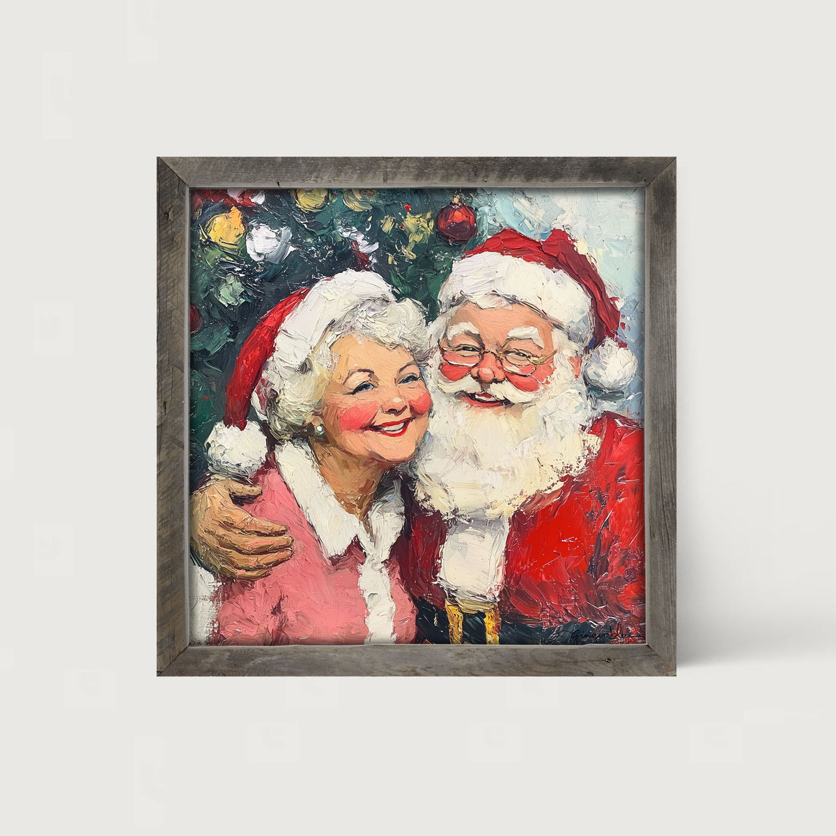 Santa and Mrs. Claus Smiling near Tree - Framed Art
