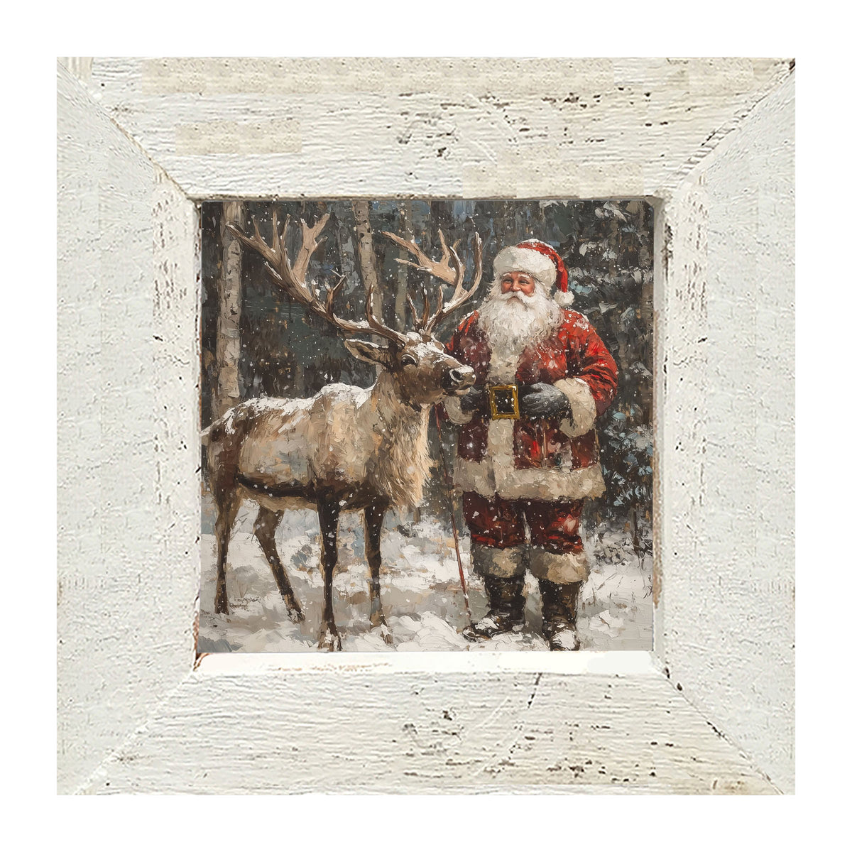 Santa Standing with Reindeer - Framed Art