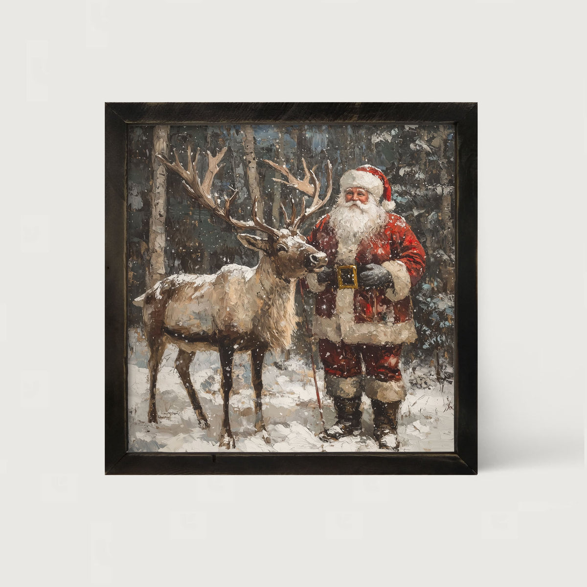 Santa Standing with Reindeer - Framed Art