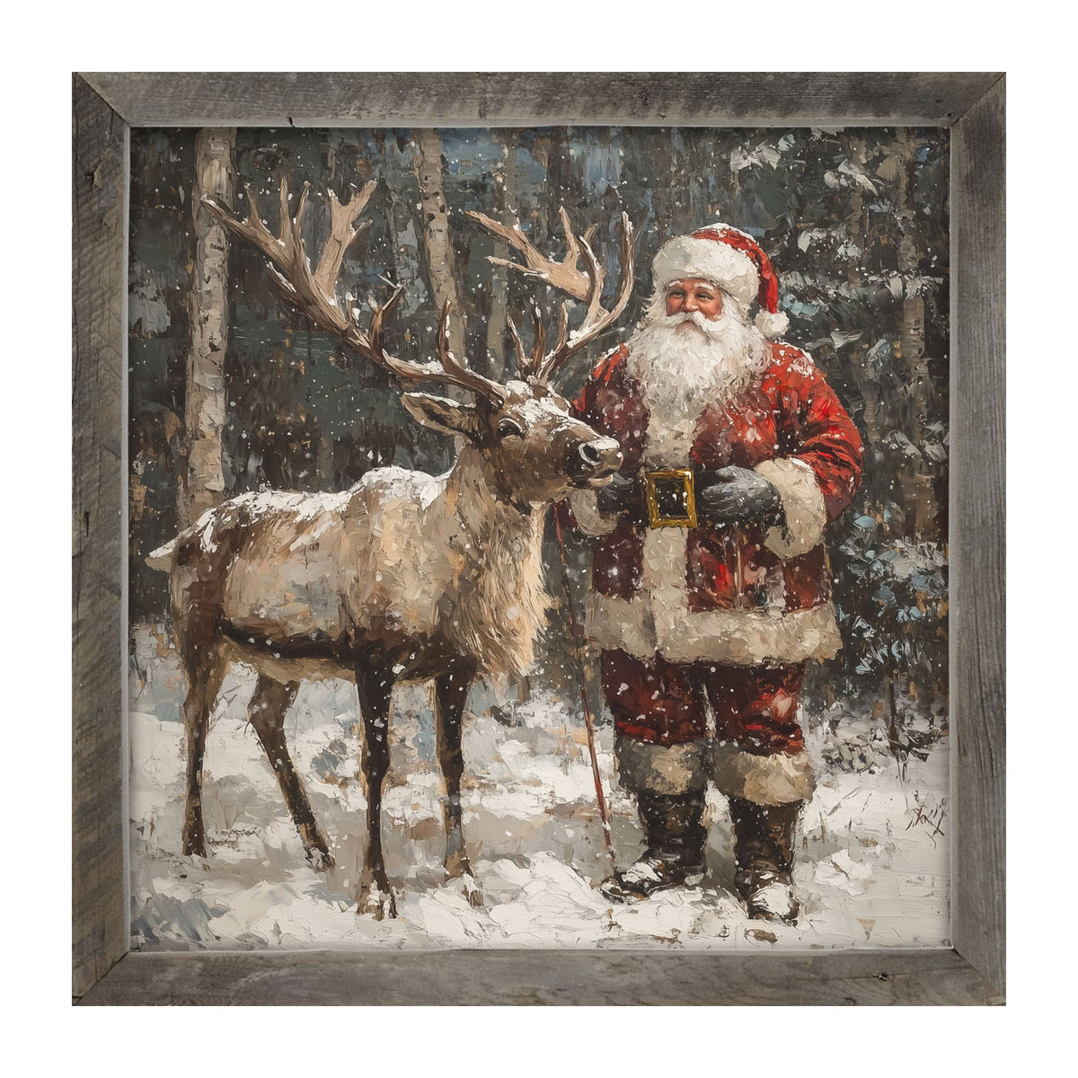 Santa Standing with Reindeer - Framed Art