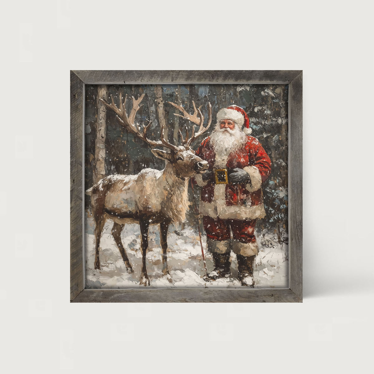Santa Standing with Reindeer - Framed Art