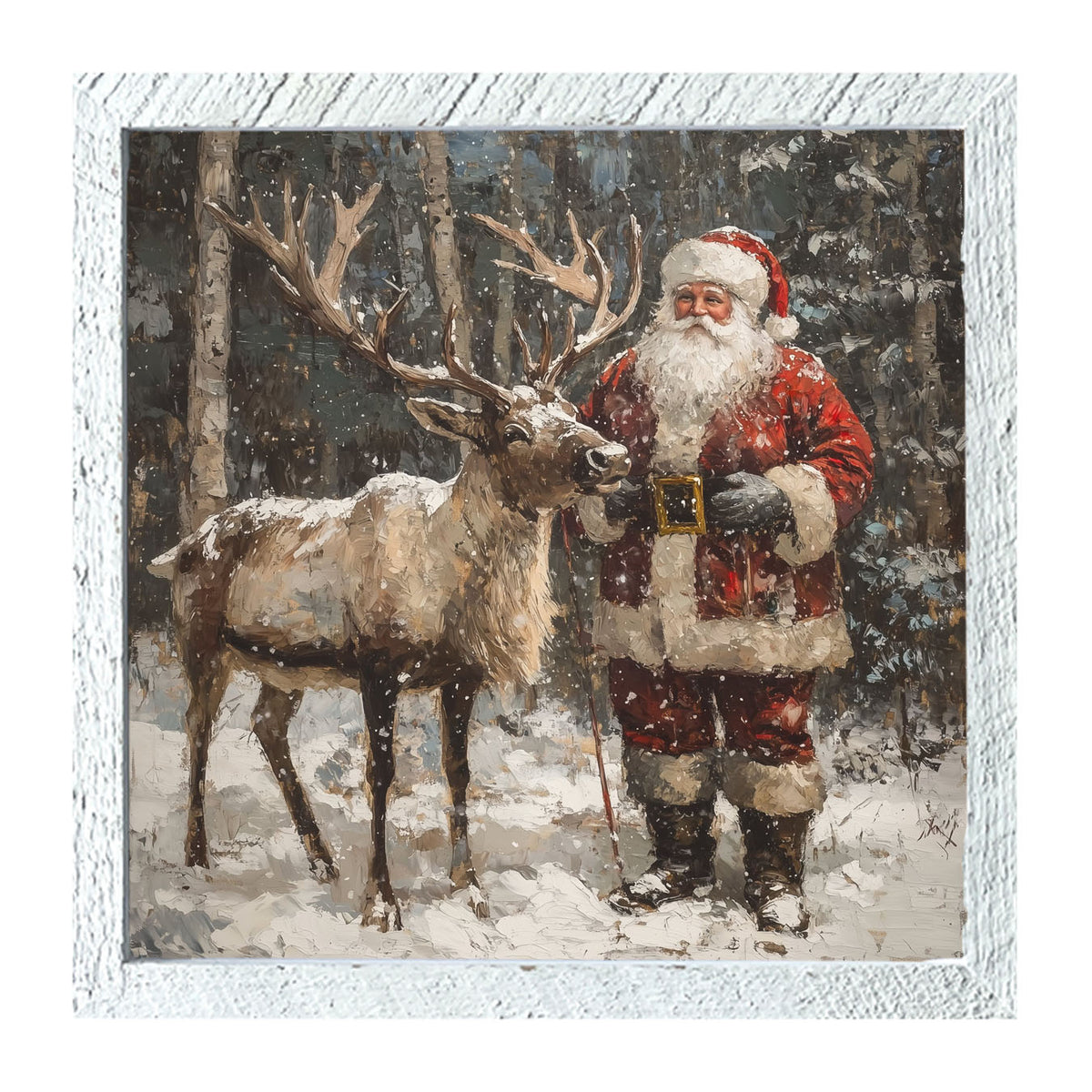 Santa Standing with Reindeer - Framed Art