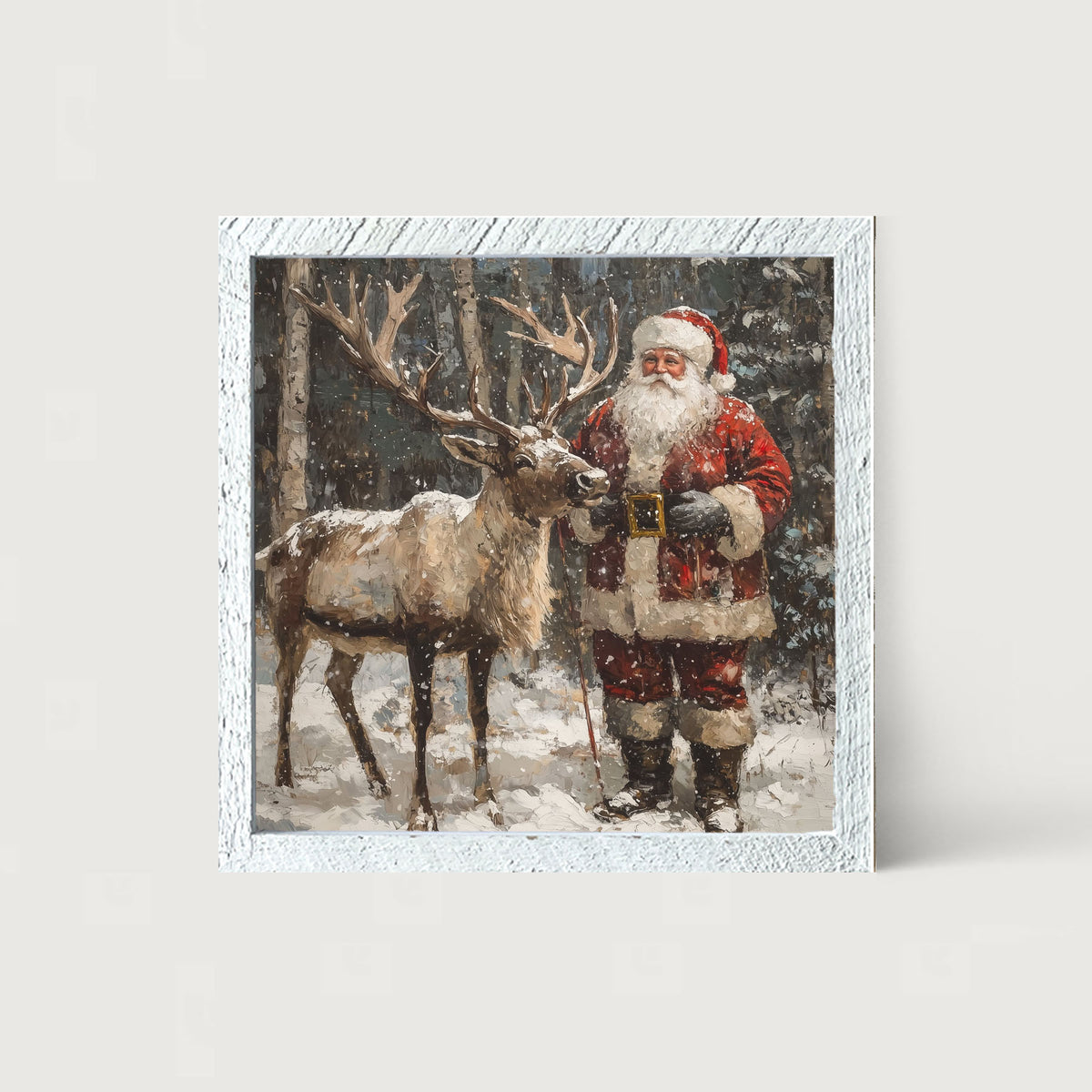 Santa Standing with Reindeer - Framed Art