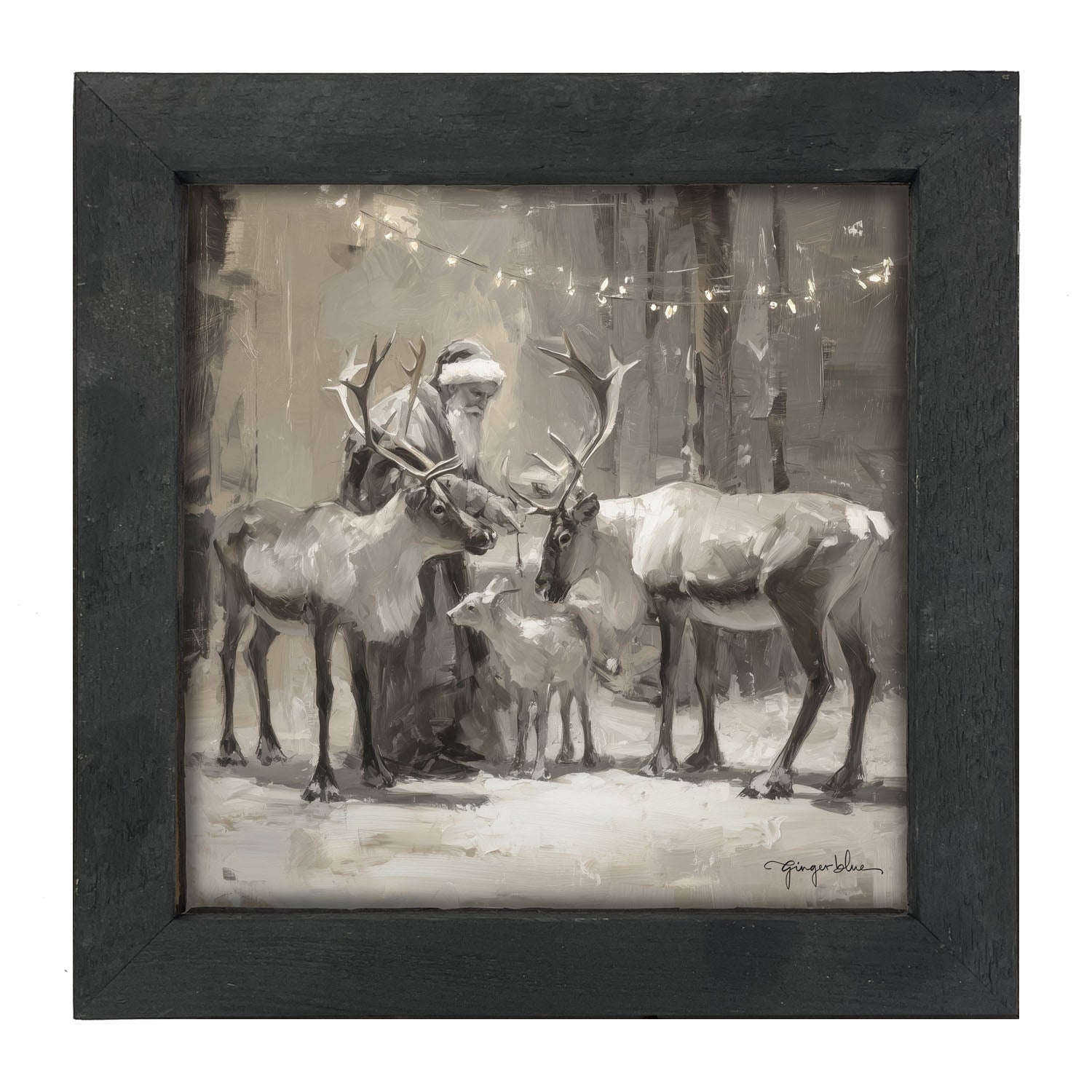 Santa and Reindeers under Christmas Lights - Framed Art