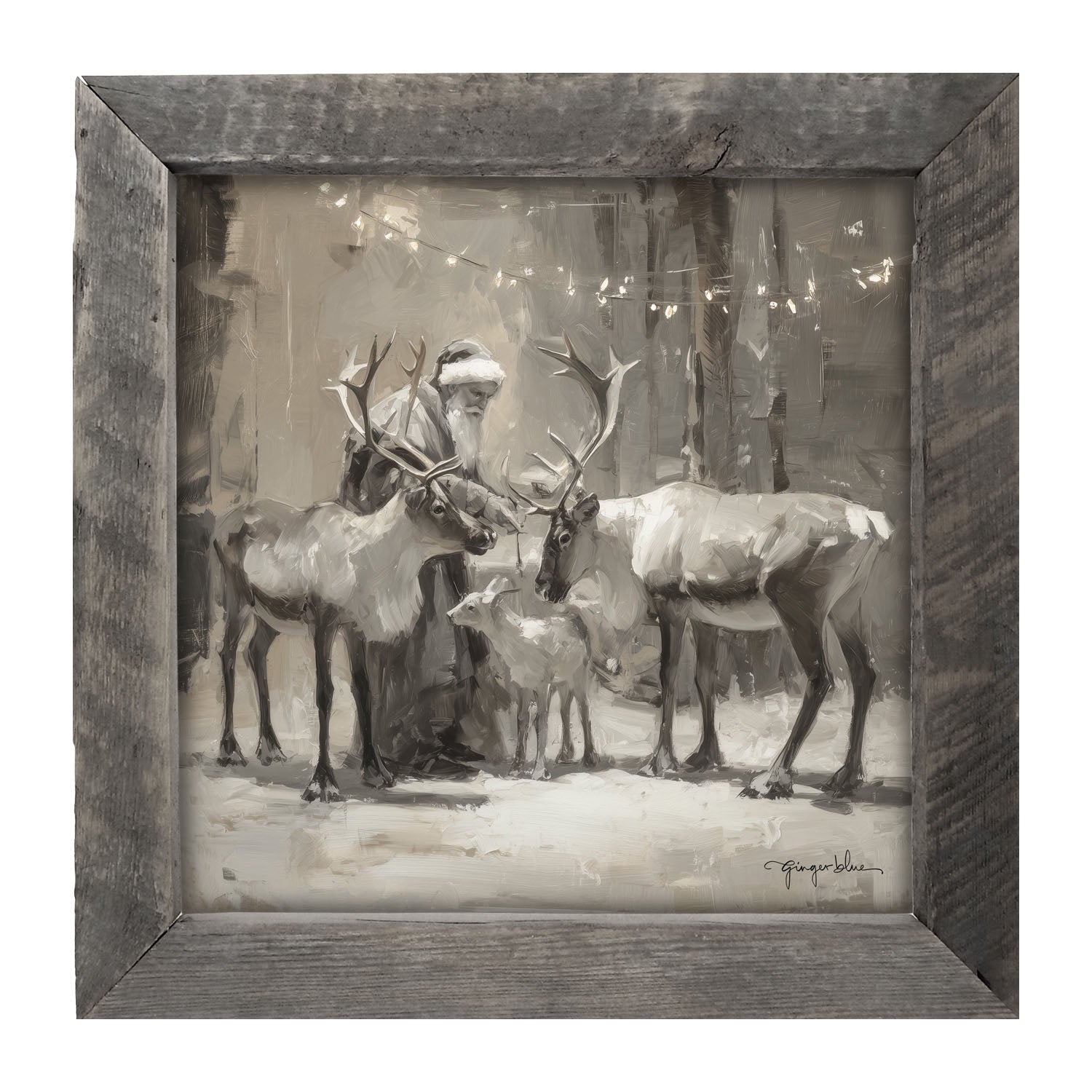 Santa and Reindeers under Christmas Lights - Framed Art