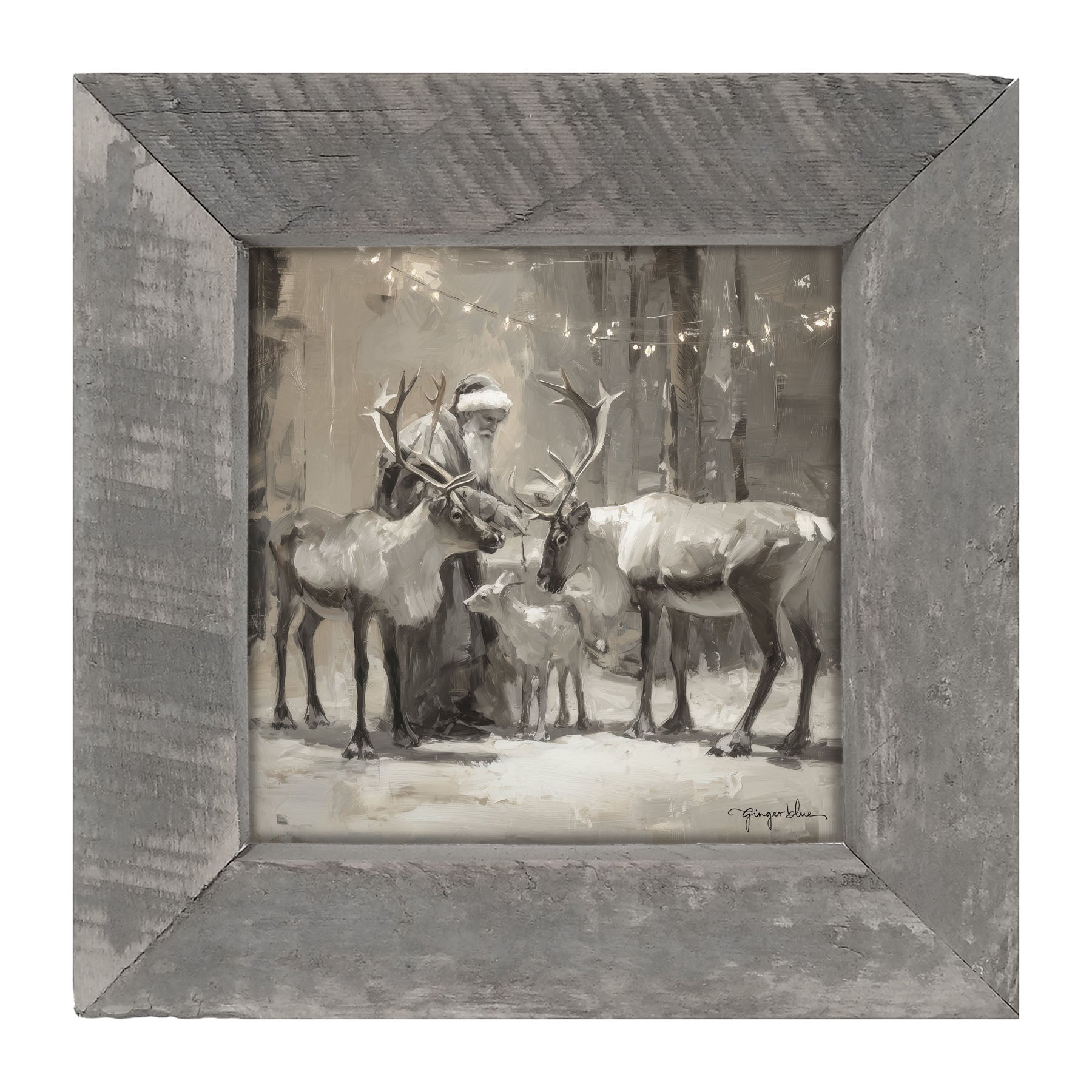 Santa and Reindeers under Christmas Lights - Framed Art