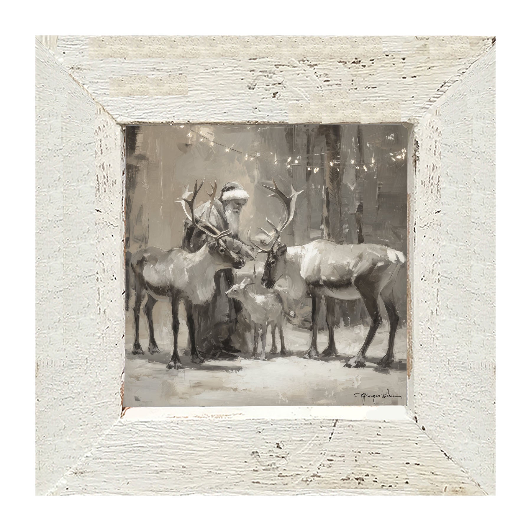 Santa and Reindeers under Christmas Lights - Framed Art