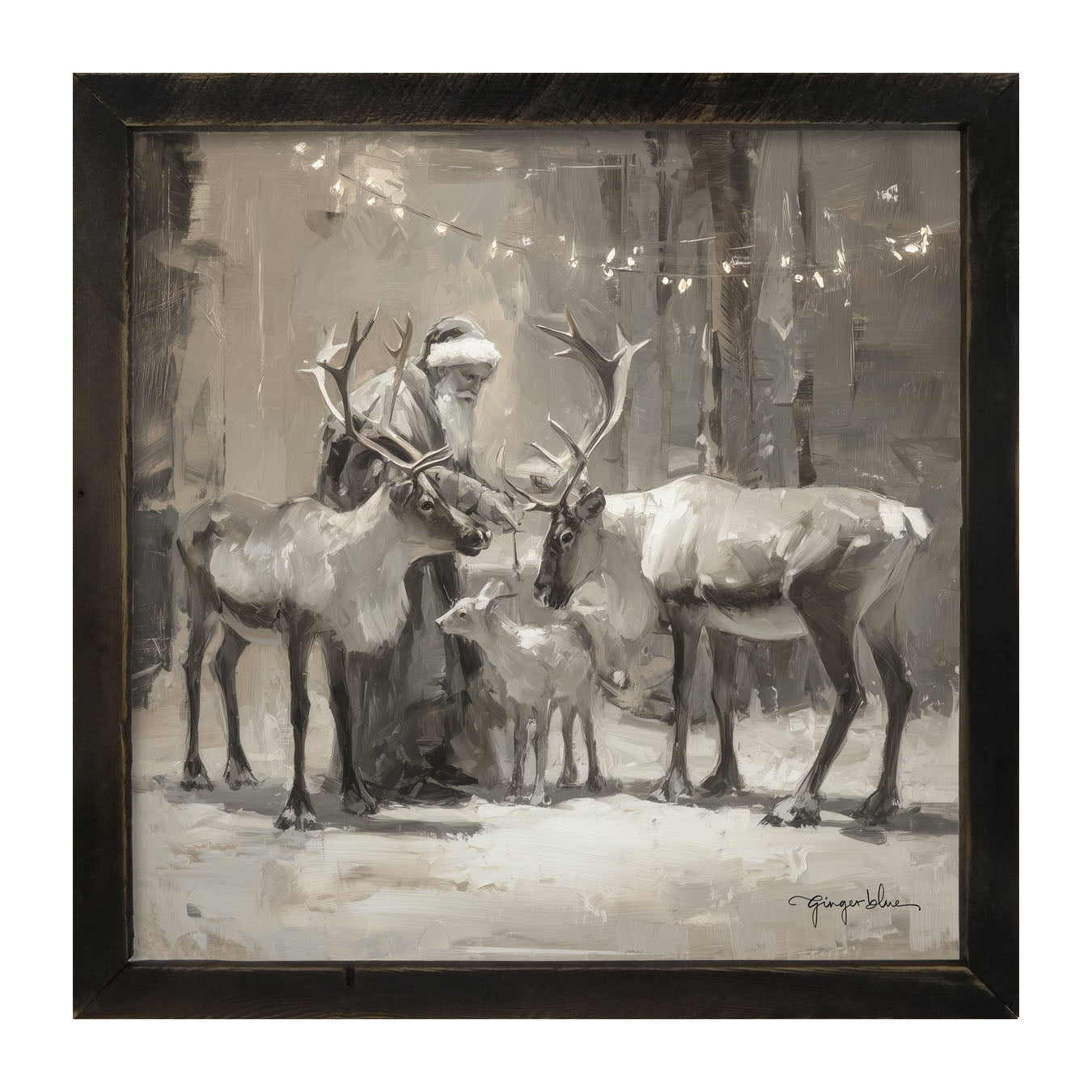 Santa and Reindeers under Christmas Lights - Framed Art