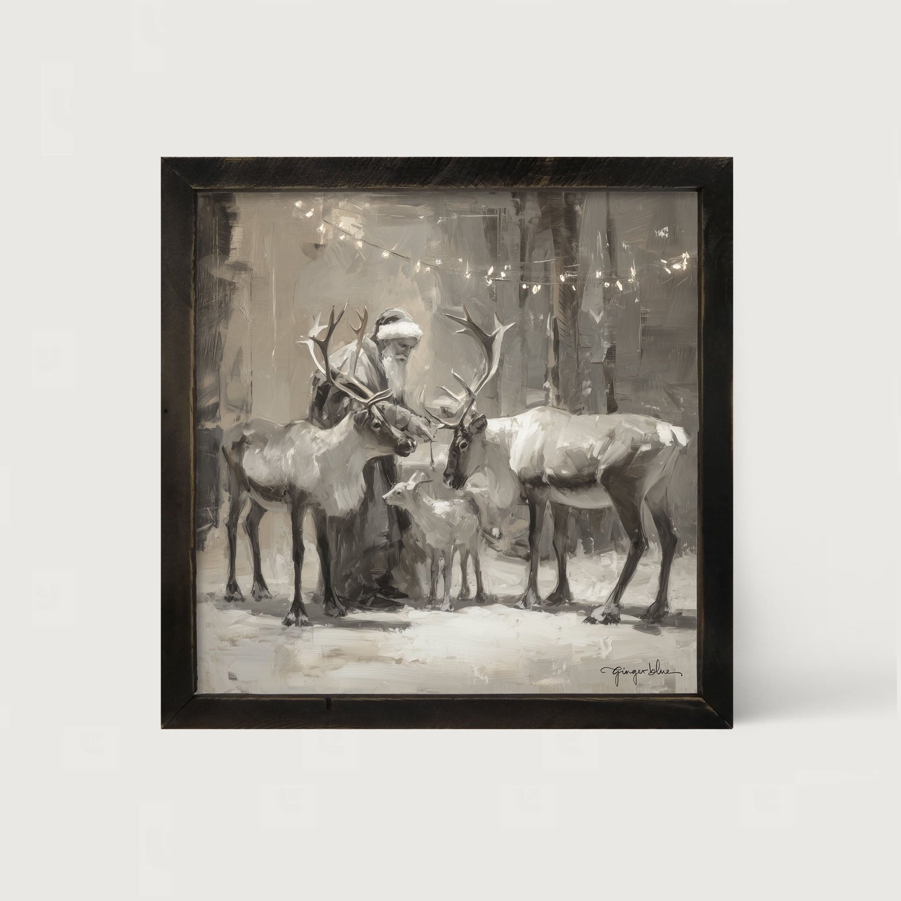 Santa and Reindeers under Christmas Lights - Framed Art