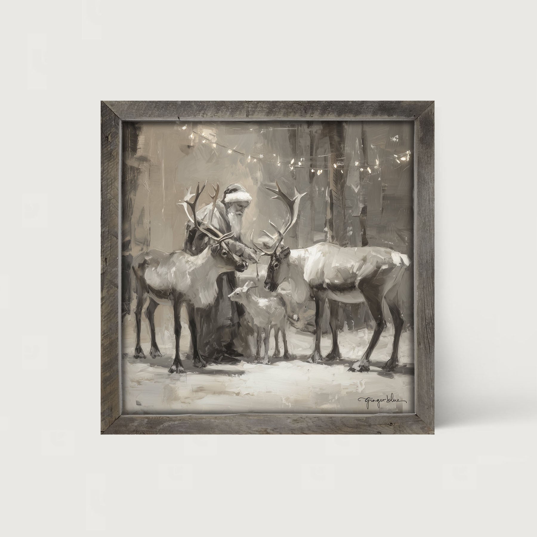 Santa and Reindeers under Christmas Lights - Framed Art