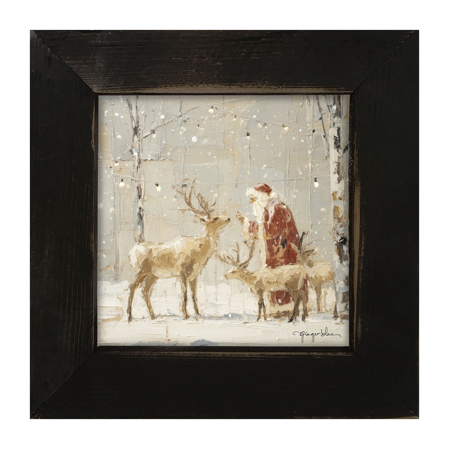 Santa Visiting Reindeer under Lights - Framed Art