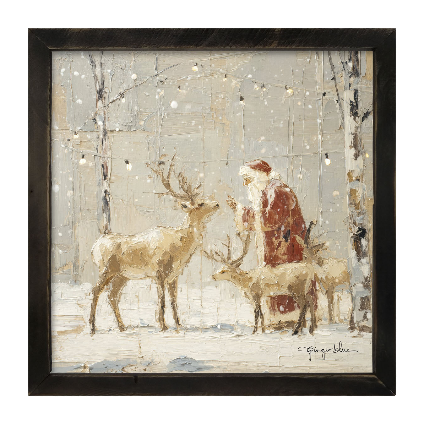 Santa Visiting Reindeer under Lights - Framed Art