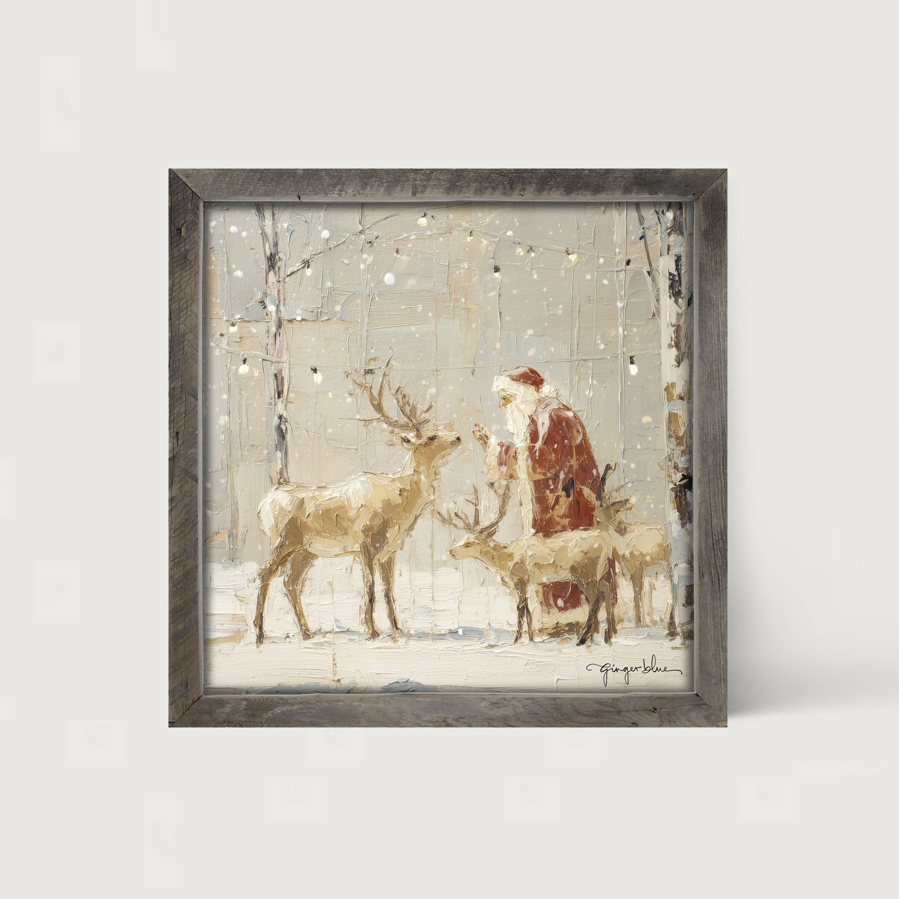 Santa Visiting Reindeer under Lights - Framed Art