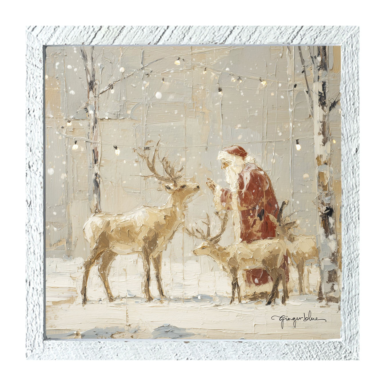 Santa Visiting Reindeer under Lights - Framed Art