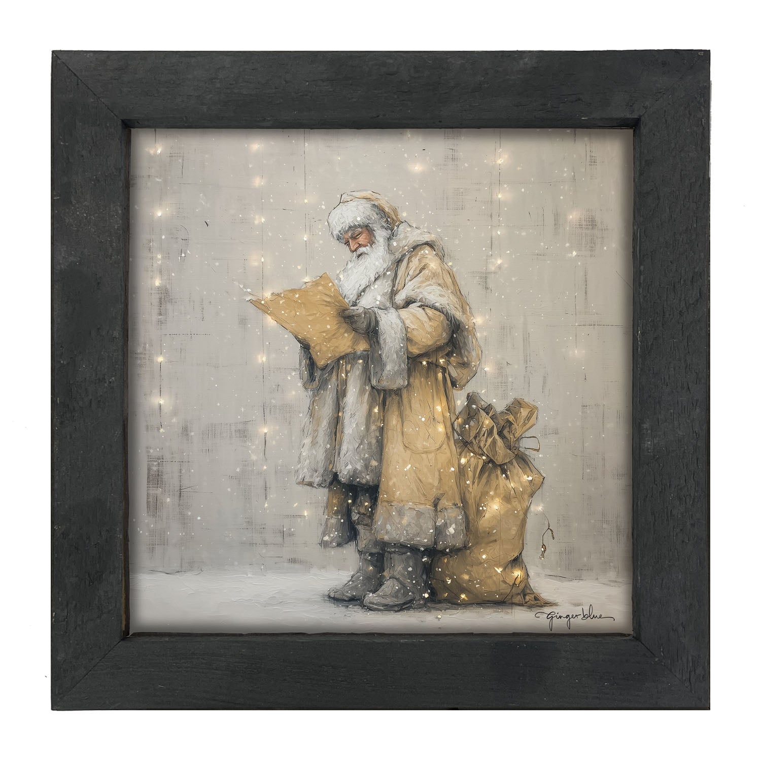Santa Checking his List under Christmas Lights - Framed Art