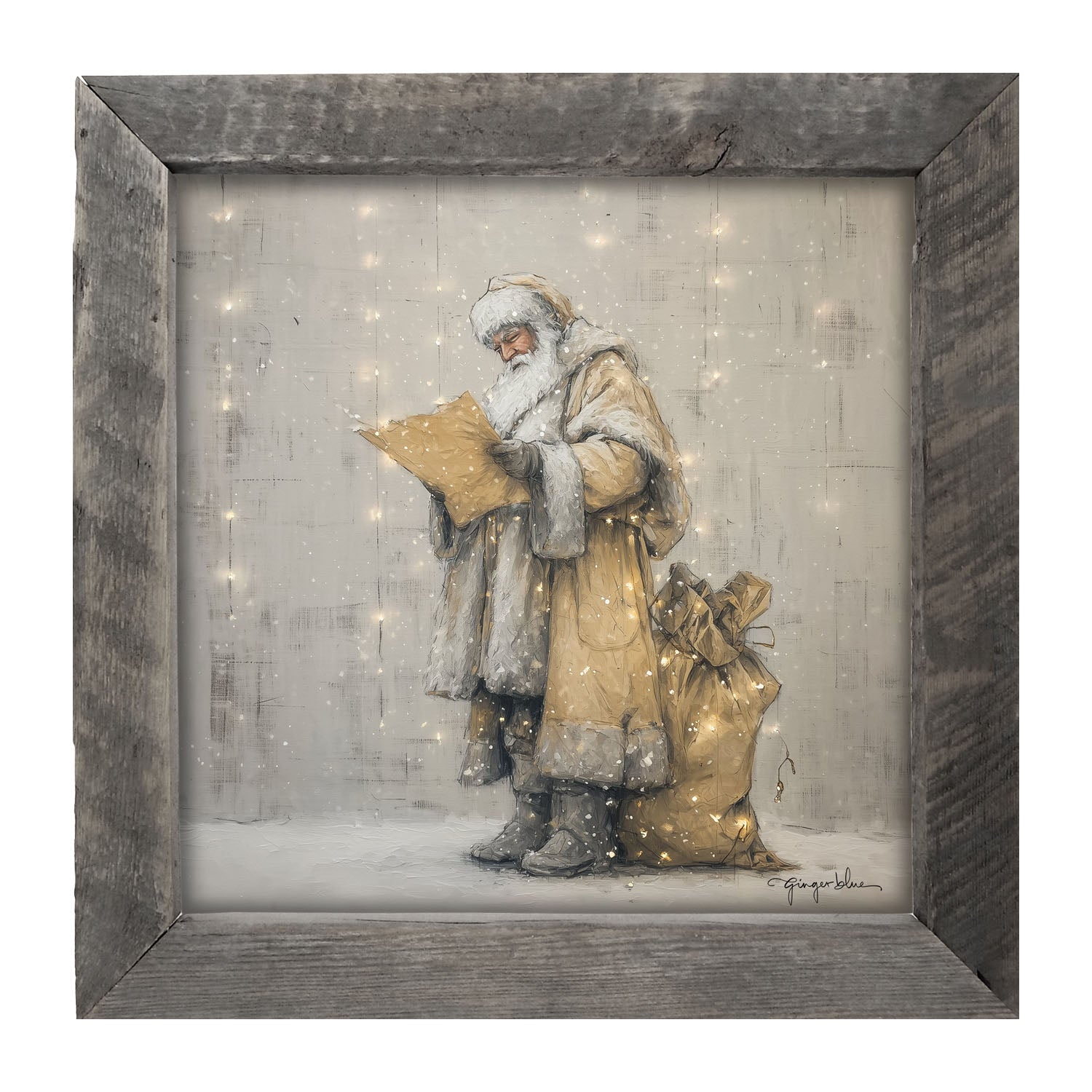 Santa Checking his List under Christmas Lights - Framed Art