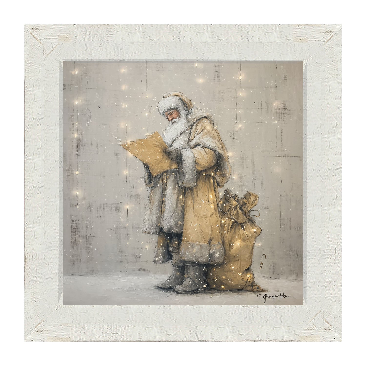 Santa Checking his List under Christmas Lights - Framed Art