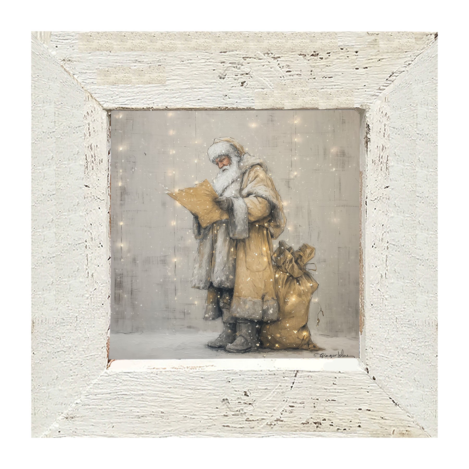 Santa Checking his List under Christmas Lights - Framed Art