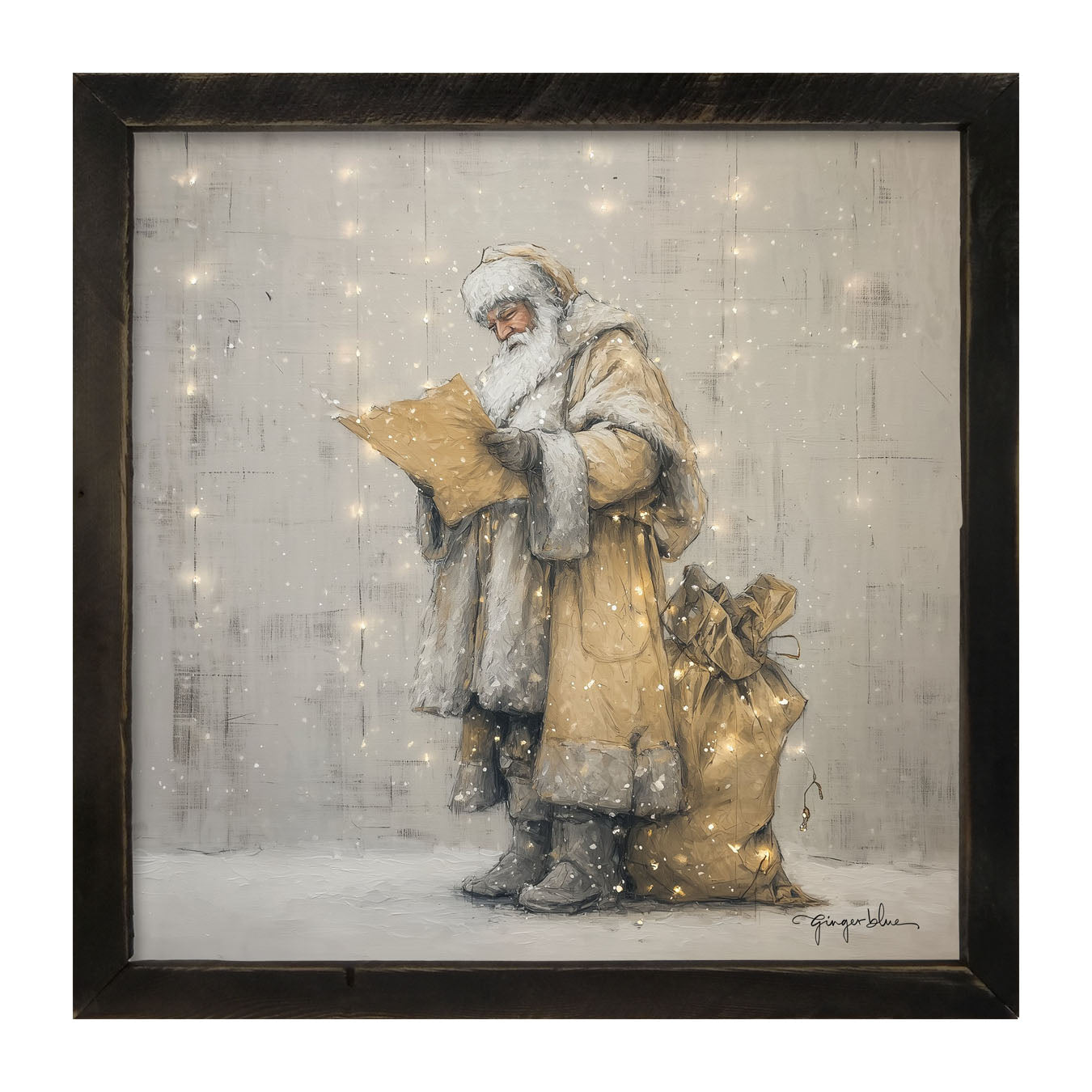 Santa Checking his List under Christmas Lights - Framed Art