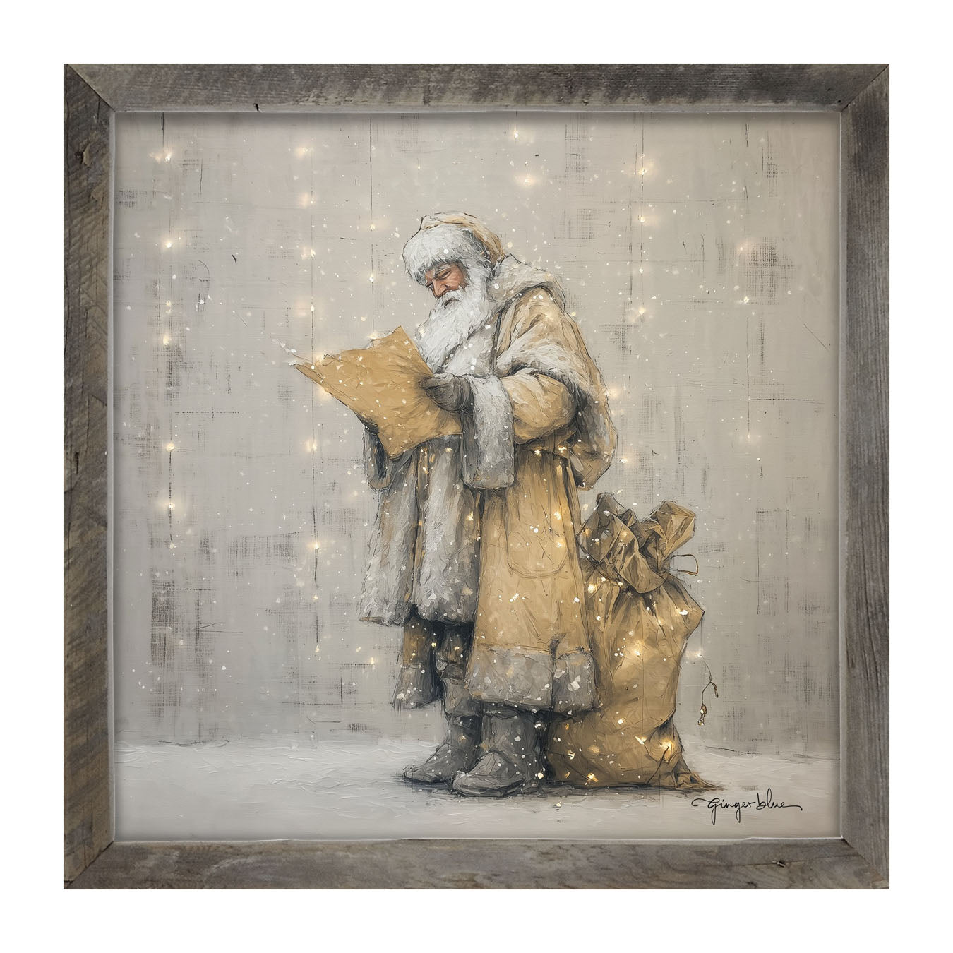Santa Checking his List under Christmas Lights - Framed Art